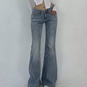 Blue Casual Women's Pocketed Denim Flared Pants